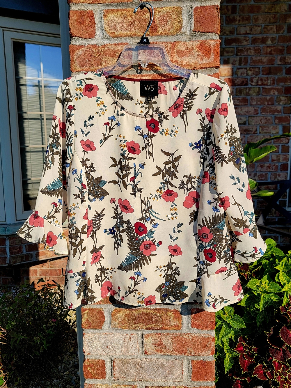 Women's W5 Cream Blouse with Pink & Green Floral Print